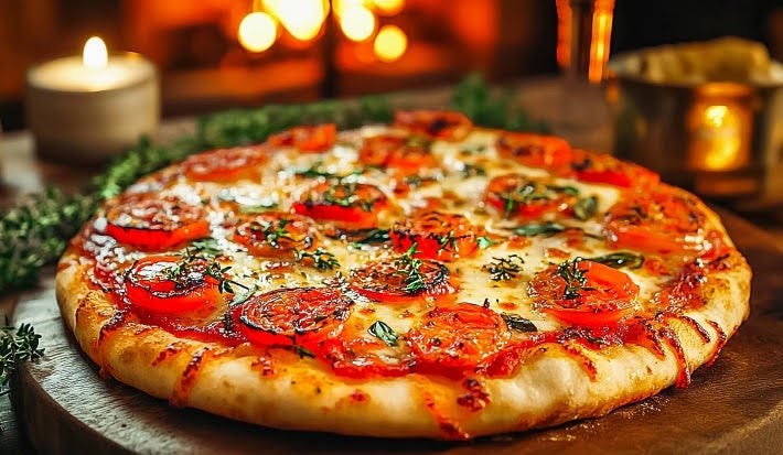 Pizza marguerita com queijo derretido, tomate e ervas